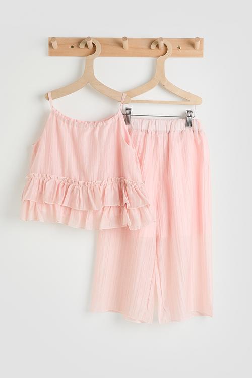 Sheer ruffled hem cami & wide leg pants - pink