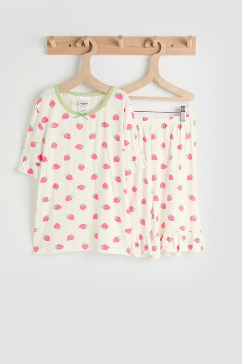 Strawberry aop tee & shorts pj set - white