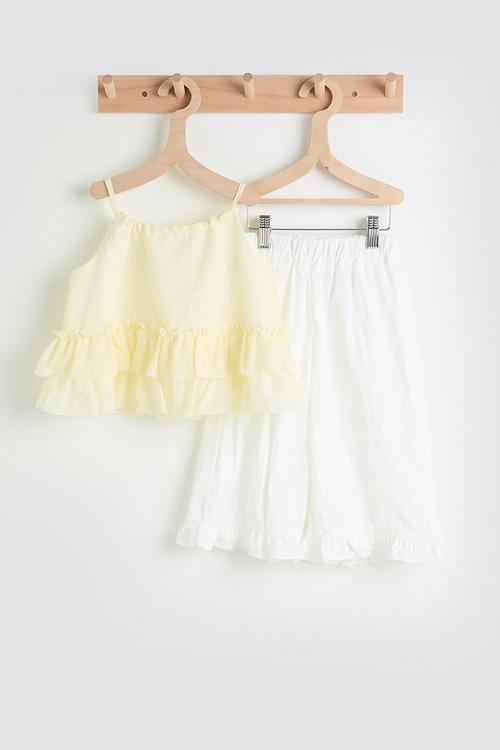 Ruffled hem camisole top & wide leg pants - lt yellow/white