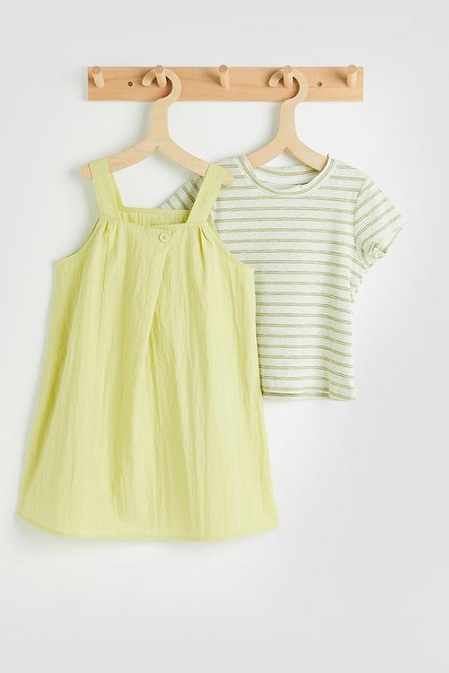Pinafore dress with striped tee - green/green stripes