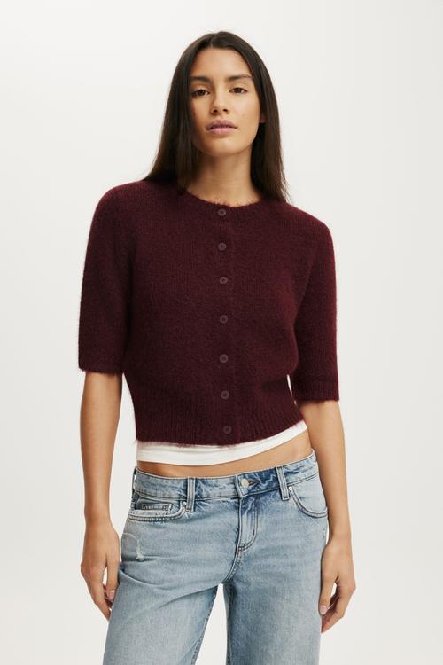 Short Sleeve Fluffy Cardi - Sour Cherry