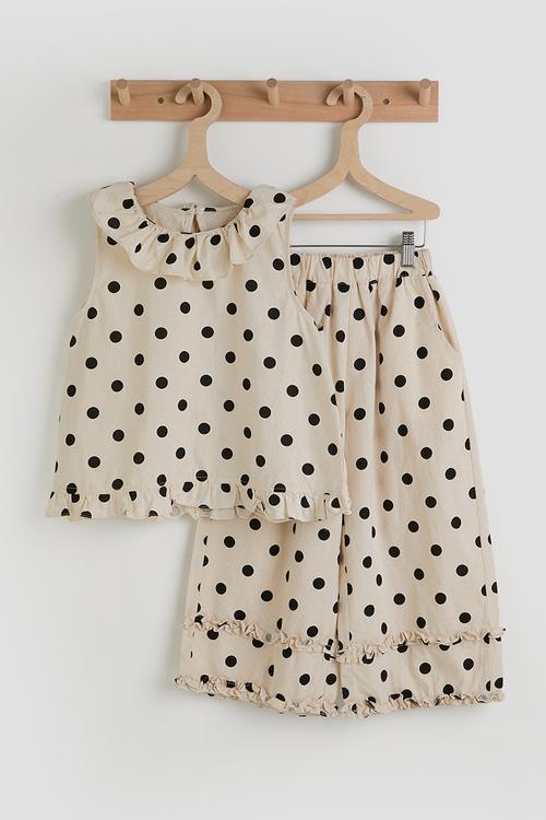 Polka dot ruffle hem blouse & wide leg pants - cream