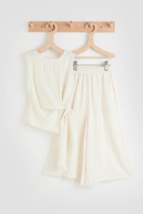 Wrap-around top with wide leg pants - off white