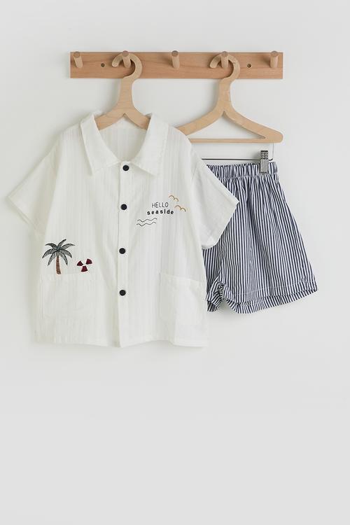 Palm tree embroidered shirt with shorts - white & grey