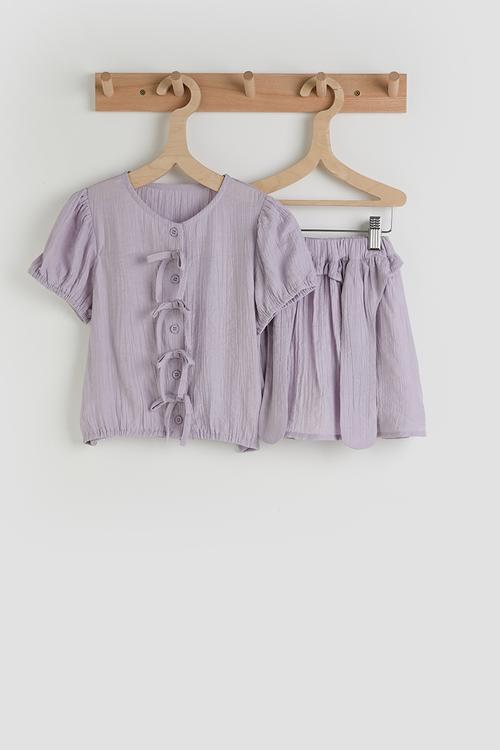 Puff sleeve button closure blouse & gathered skirt - lavender
