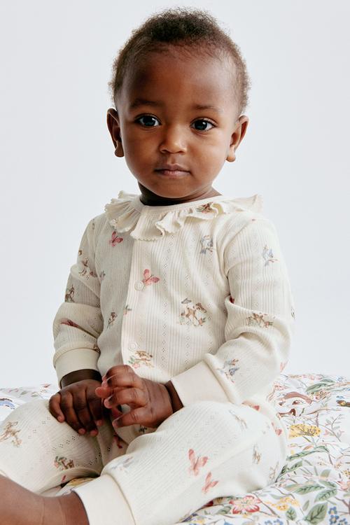 Printed pointelle sleepsuit - cream/bambi