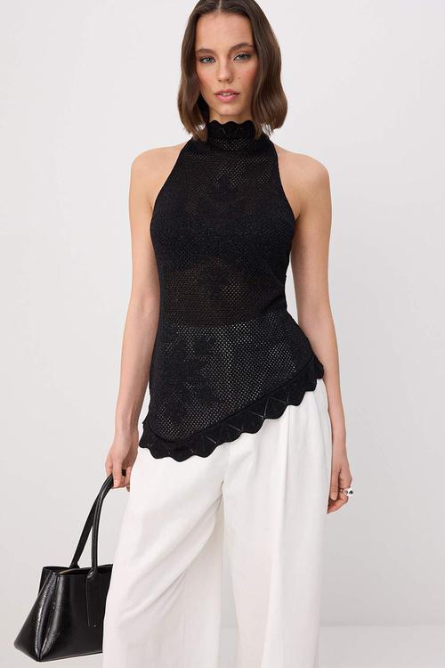 Openwork Halter Neck Knit Blouse - Black