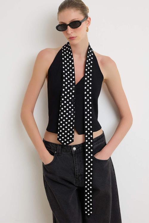 Detachable Polka Dot Tie-Detail Knit Blouse - Black