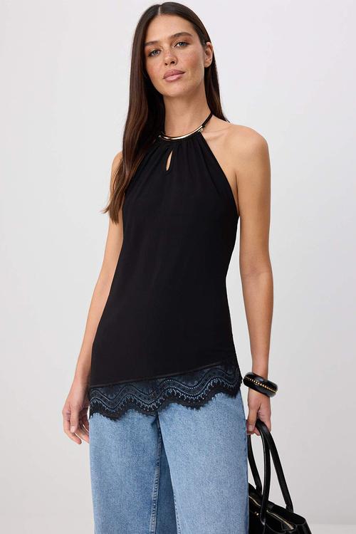 Halter Neck Blouse with Accessory Detail - Black