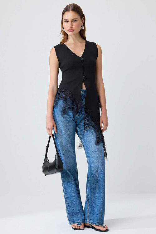 V-Neck Lace Detail Knit Blouse - Black