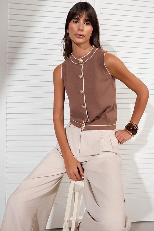 Colour Block Fine Knit Blouse - Light Brown