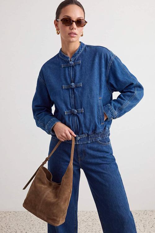 Button and Elastic Waist Denim Jacket - Blue