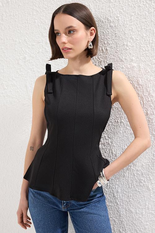 Peplum Blouse with Bow Detail - Black