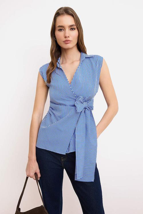 Striped Double-Breasted Tie-Detail Blouse - Blue