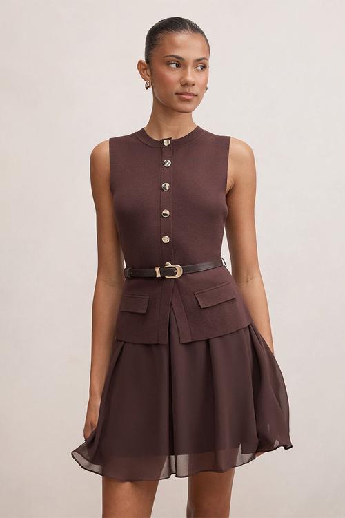 Belle woven mix mini dress in chocolate