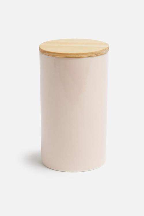 Pink canister with wooden lid