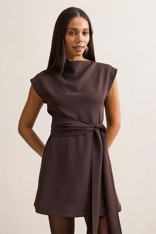 Peony tie front mini dress in dark chocolate
