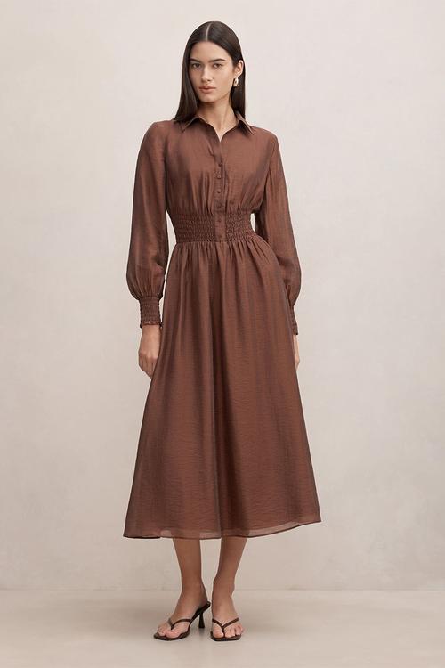Elissa shirred waist midi dress in shaved chocolate