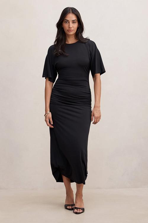 Colbie gathered jersey midi dress in black