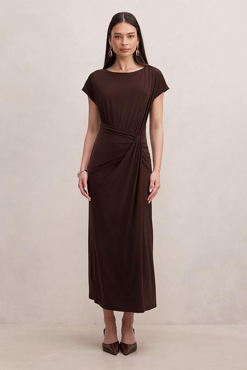 Lacie draped jersey midi dress in chocolate