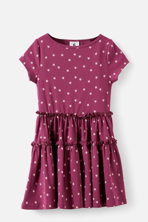 Boat Neck Short Sleeve Dress - Berry Jam/Star