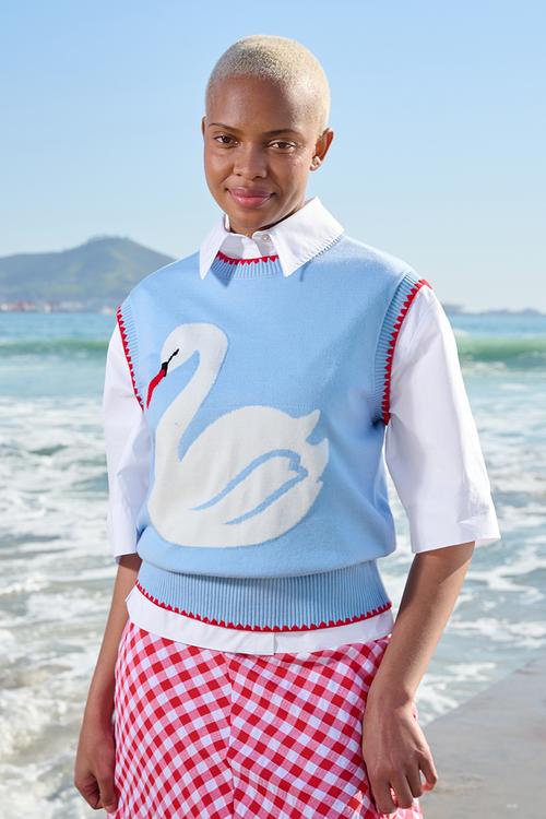 Sleeveless Jumper With Swan Motif - Blue