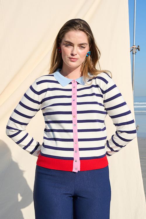 Colourblock Stripe Collar Cardigan - White Stripe