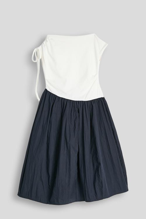 Ruched shoulder top combo dress - white & navy