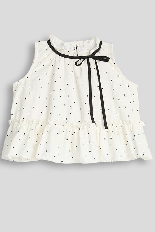 Dotted pattern dropped hem top - cream