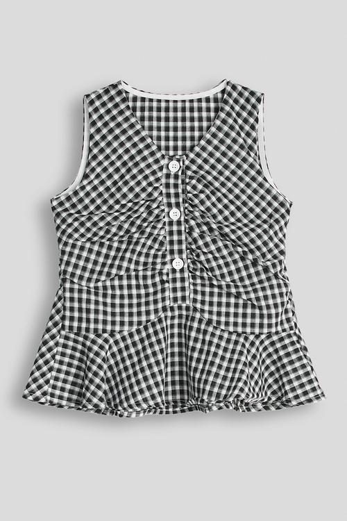 Gingham front ruched top with mock button closure - black