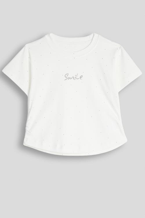 Glitter slogan crew neck tee - white/smile