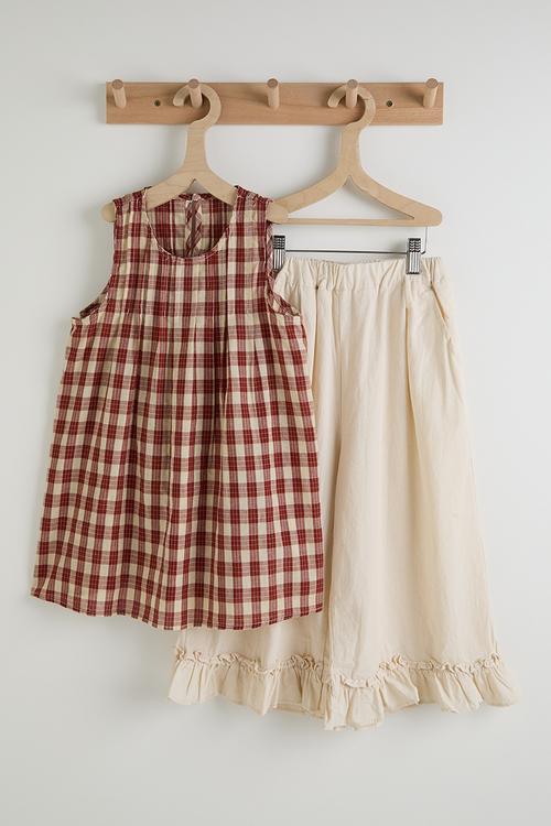 Gingham a-line blouse with frilled hem pants - red/off white