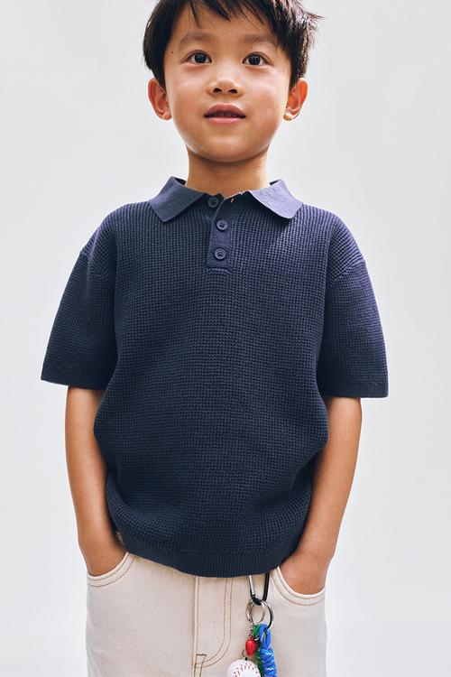 Cotton-knit polo shirt - navy blue