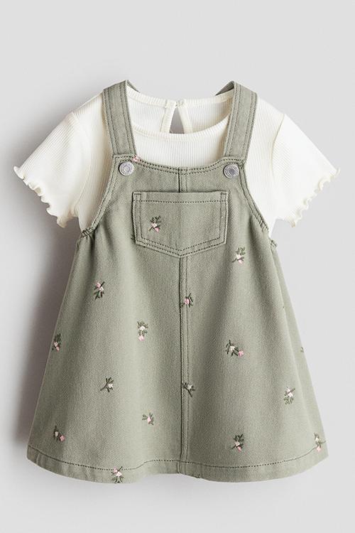 2-Piece dungaree dress and top set - light khaki green/floral