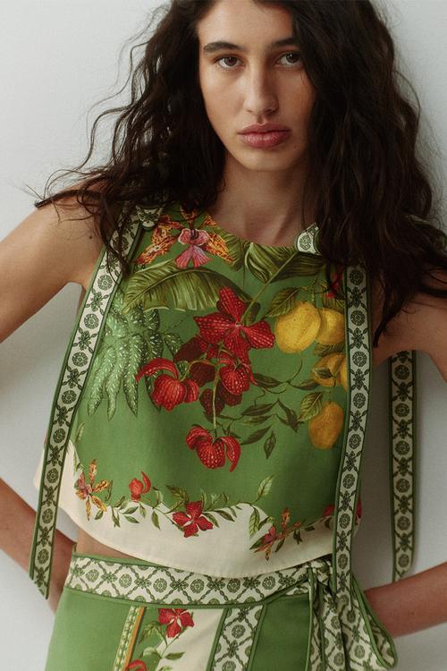 Tie-strap cropped top - green/flowers