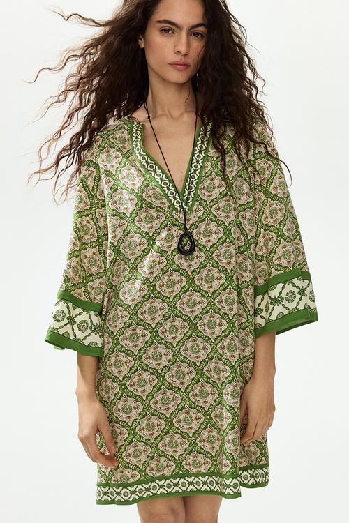 Viscose tunic dress - green/patterned