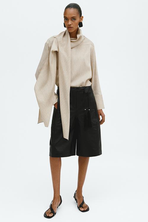 Linen-blend scarf-collar blouse - beige/striped