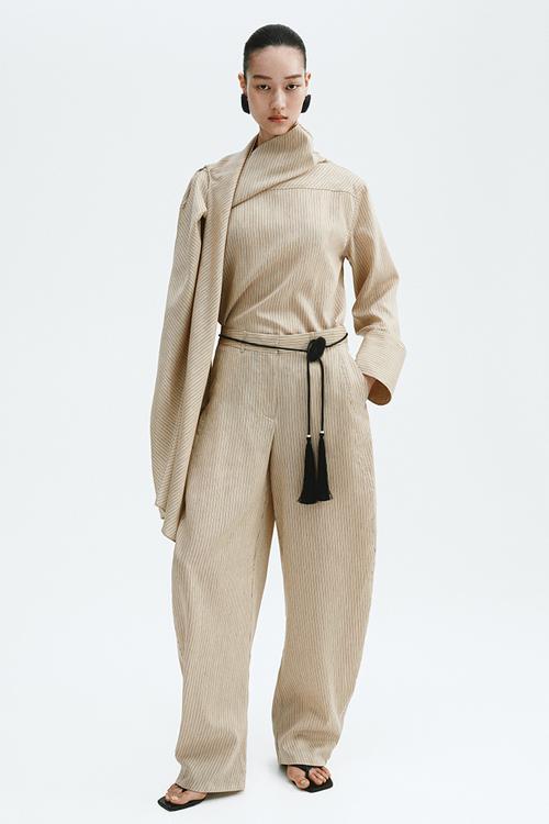 Linen-blend barrel trousers - beige/striped