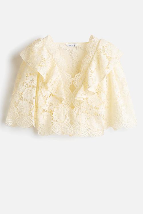 Flounce-trimmed lace blouse - cream