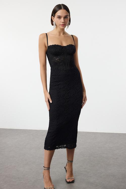 Lace Detail Lined Knit Midi Evening Dress - Black
