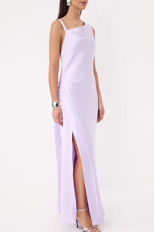 Button Detail Satin Maxi Evening Dress - Lilac