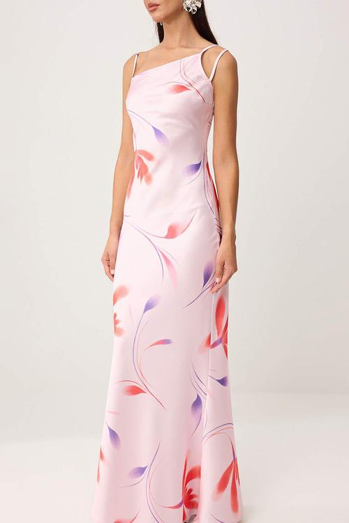 Floral Satin Maxi Evening Dress - Multicolour