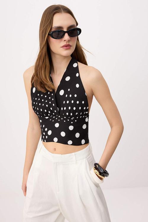 Polka Dot Cropped Halter Neck Blouse - Black