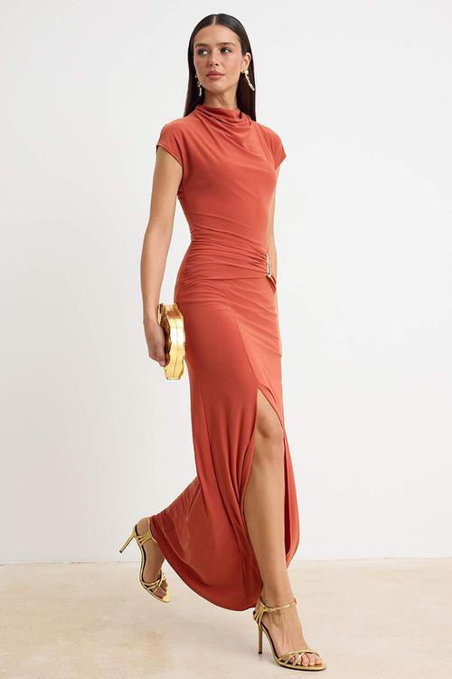 Collared Fish-Tail Maxi Evening Dress - Tile