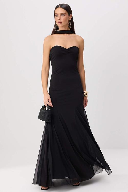 Heart Neck Scarf Detail Tulle Maxi Evening Dress - Black