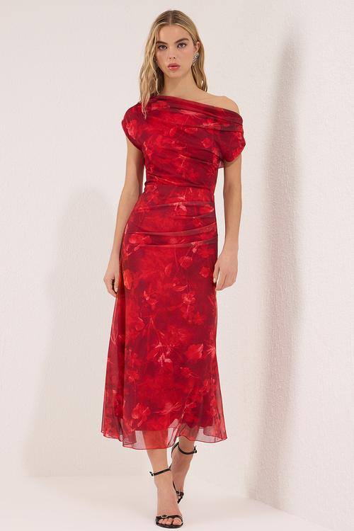 Abstract Pattern Tulle Midi Evening Dress - Red-Multicolour