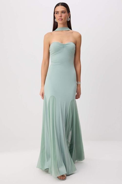 Heart Neck Scarf Detail Tulle Maxi Evening Dress - Water Green