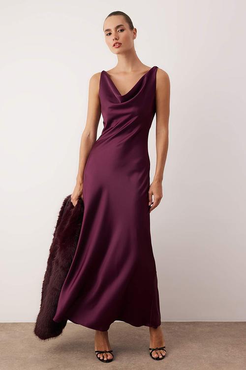 A-Line Cowl Neck Satin Maxi Dress - Purple