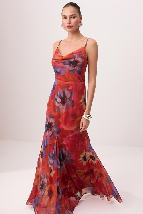 Floral Degaje Collar Chiffon Maxi Evening Dress - Burgundy