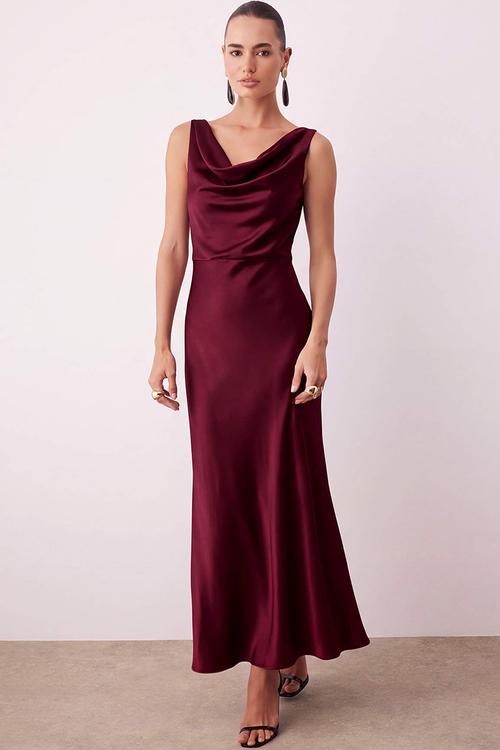 A-Line Cowl Neck Satin Maxi Dress - Red